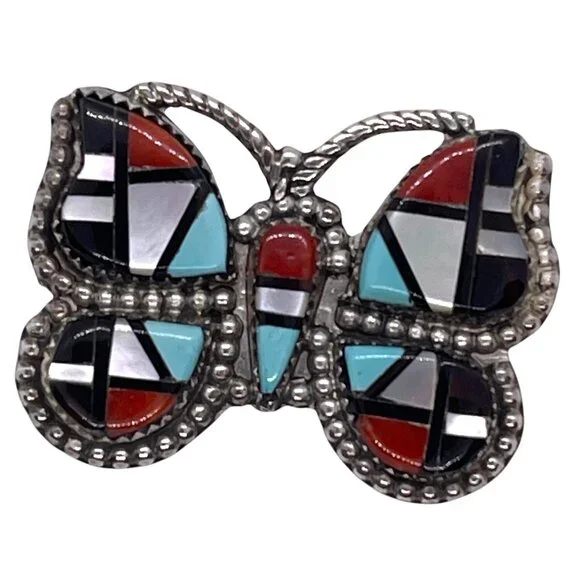 Zuni Native American Inlay Gemstones Butterfly Pin Brooch Pendant Signed Silver - Picture 1 of 13